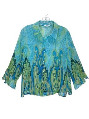 NICOLA Vibrant Blue & Green Semi-Sheer Blouse 3/4 Sleeves w/ Ruffle Edge - Large